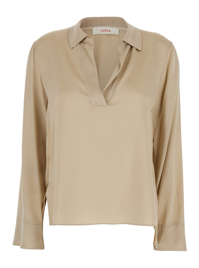 Beige V-Neck Blouse with Polo Collar for Women Shirts And Blouses