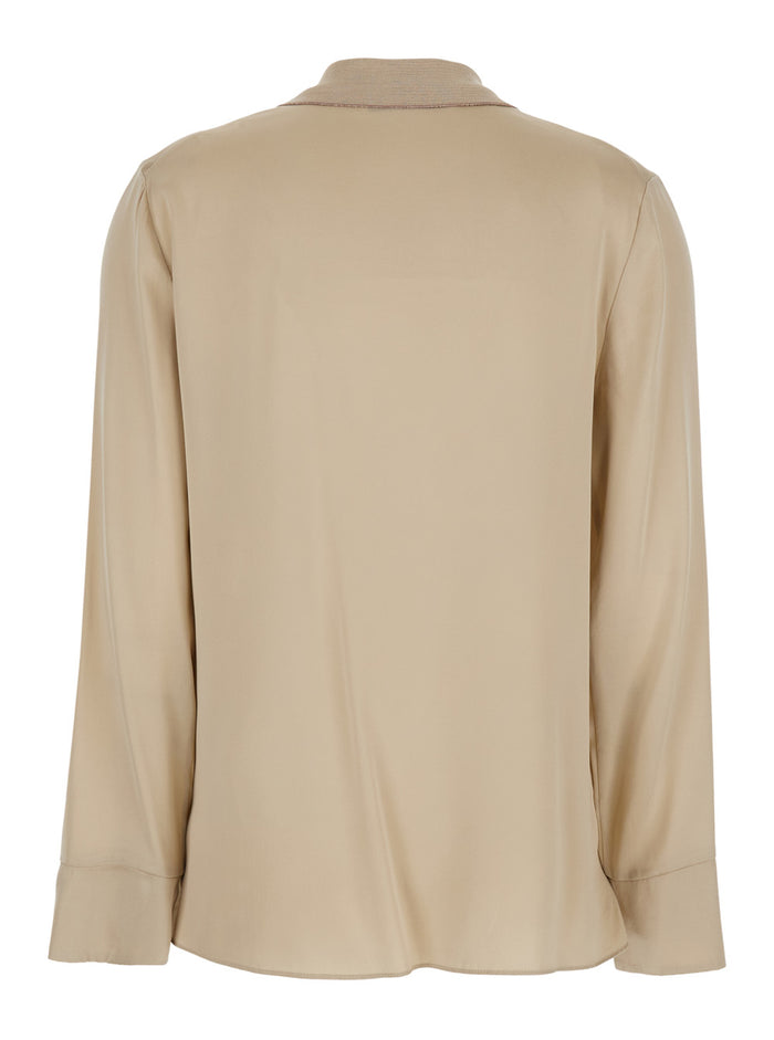 Beige V-Neck Blouse with Polo Collar for Women Shirts And Blouses