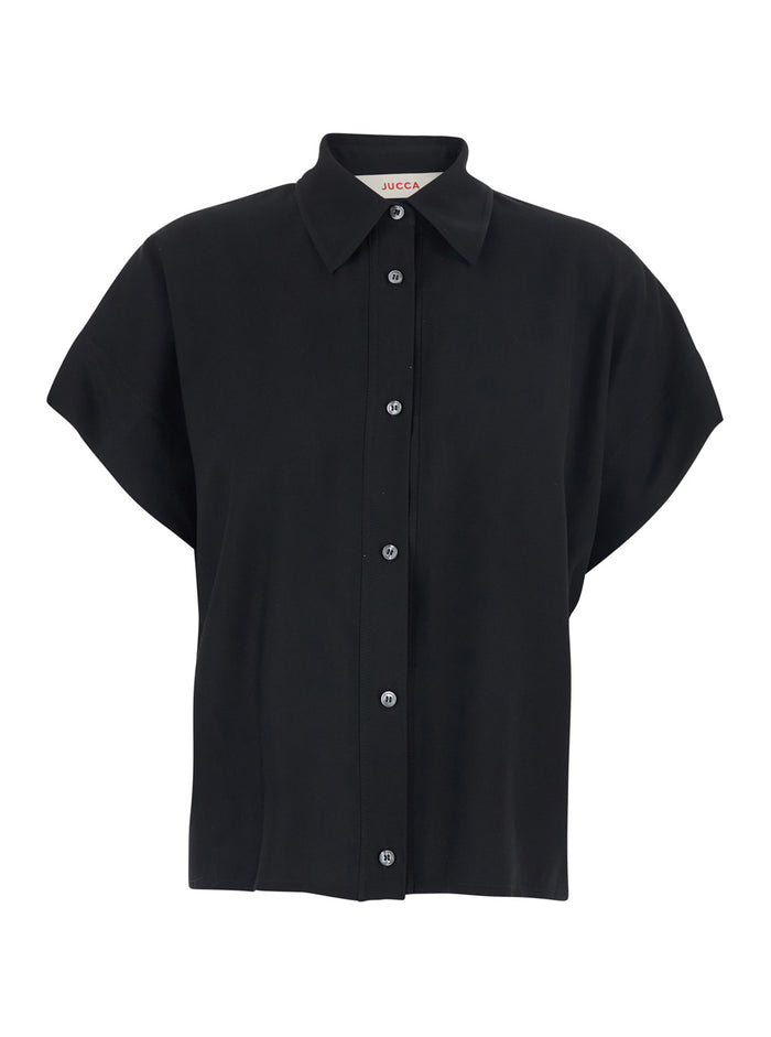 Black Shirt JUCCA with Classic Collar and Short Sleeves in Womens Fabric Blouses