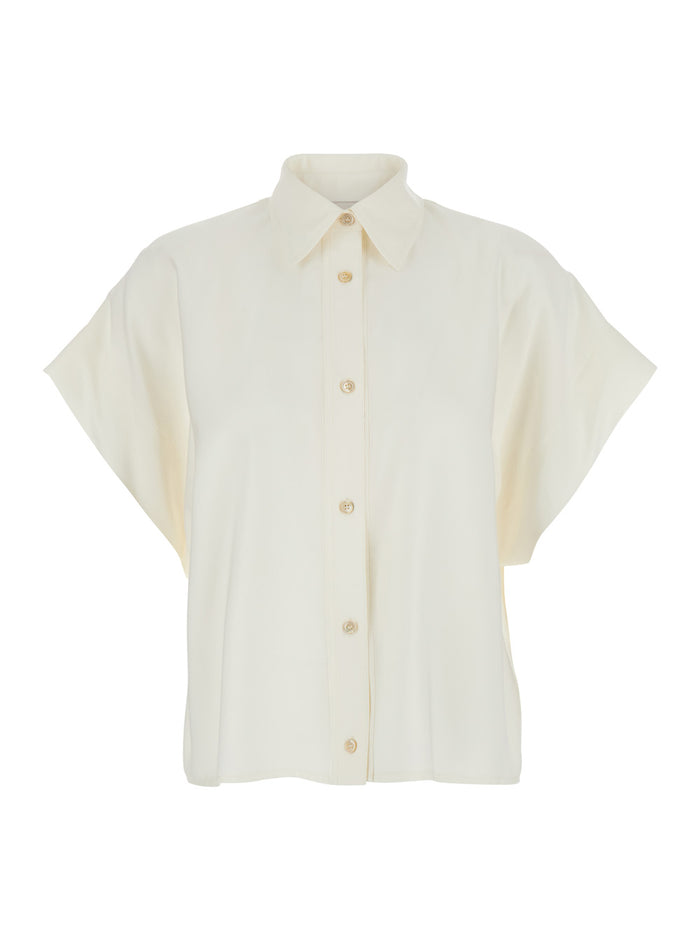 White Shirt with Classic Collar and Short Sleeves in Womens Fabric Blouses