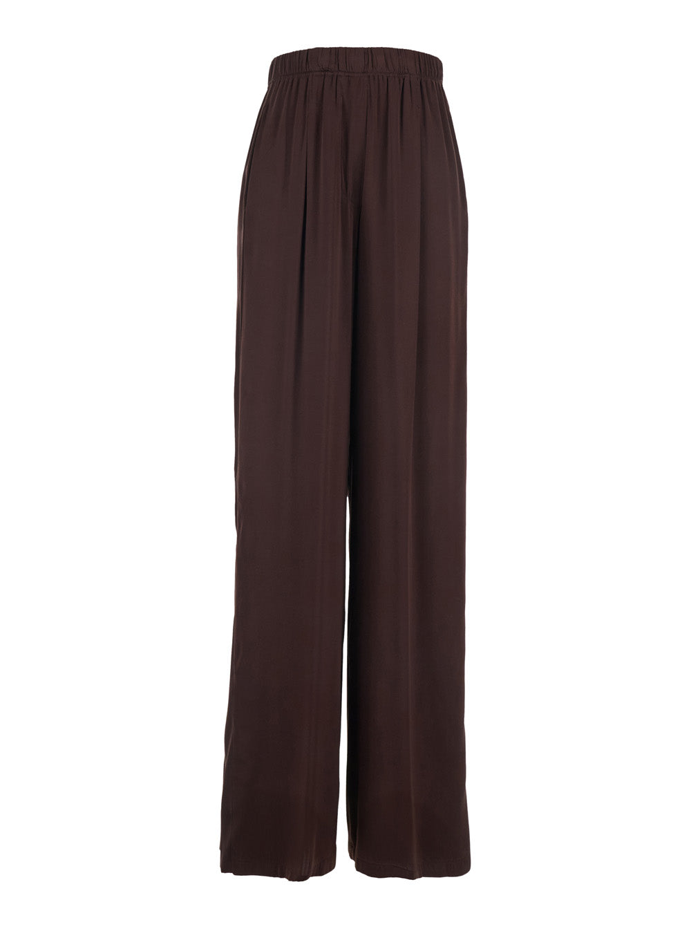 Silk Pants with Elastic Waist and Side Welt Pockets Brown Women Trousers