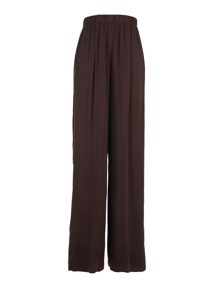 Silk Pants with Elastic Waist and Side Welt Pockets Brown Women Trousers