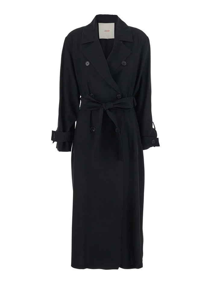 Double-breasted Trench Coat with Waist Belt in Black for Women Outerwear