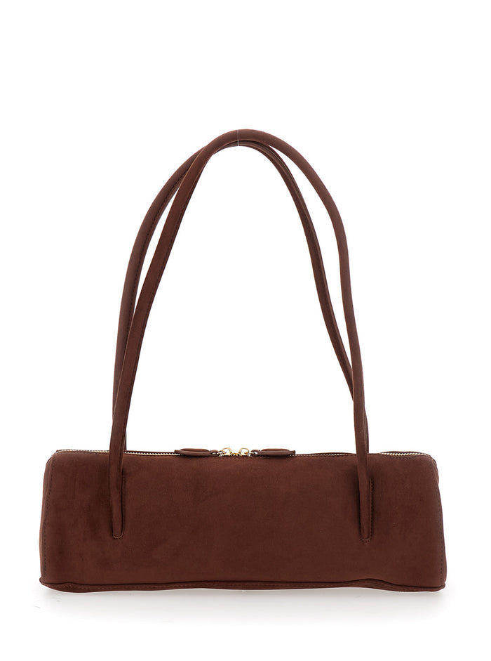 Shoulder Bag Nova with Two Top Handles and Lettering Logo on the Front in Brown Suede for Women Polyester