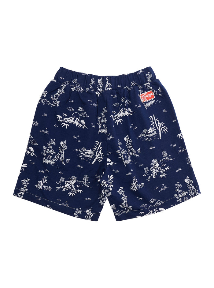 Blue Bermuda Shorts with All-Over Print and Logo Patch on the Back in Cotton for Kids Blu