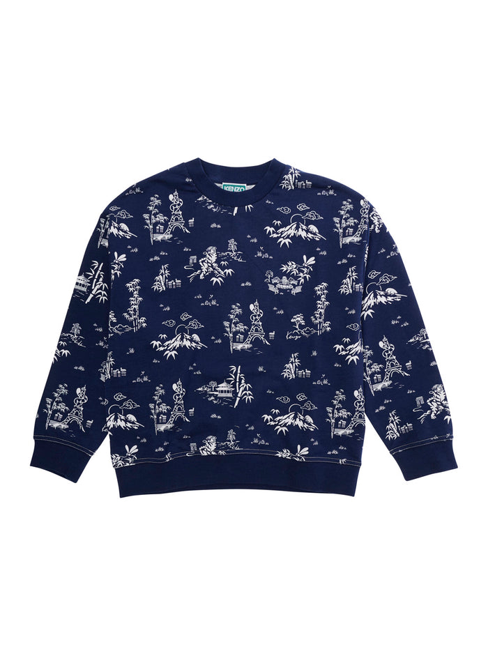 Crewneck Sweatshirt with All-Over Print and Logo Patch on the Back in Blue Cotton for Kids Blu Sweatshirts