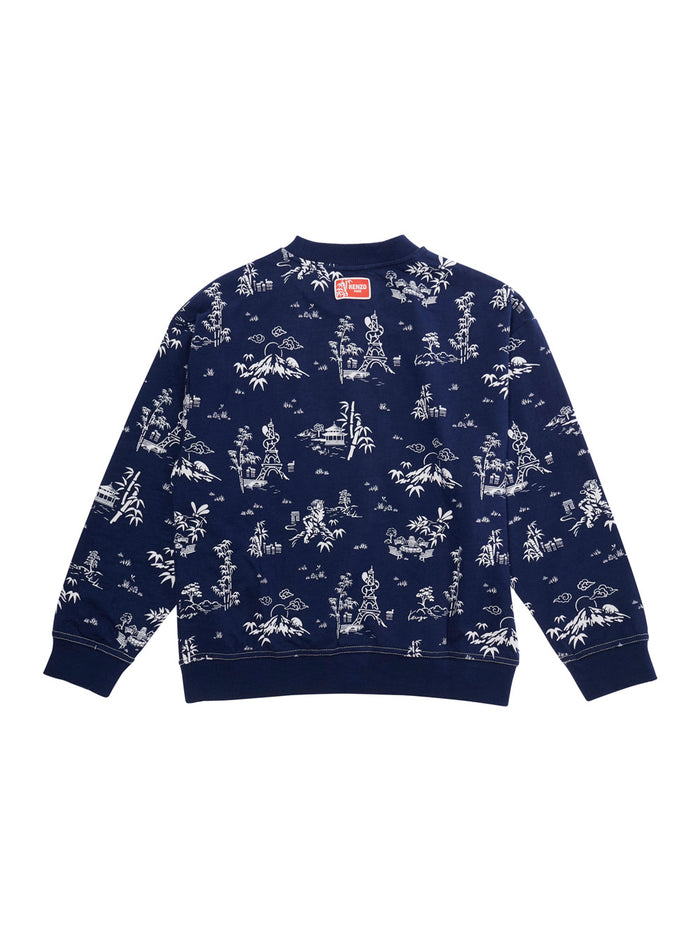Crewneck Sweatshirt with All-Over Print and Logo Patch on the Back in Blue Cotton for Kids Blu Sweatshirts