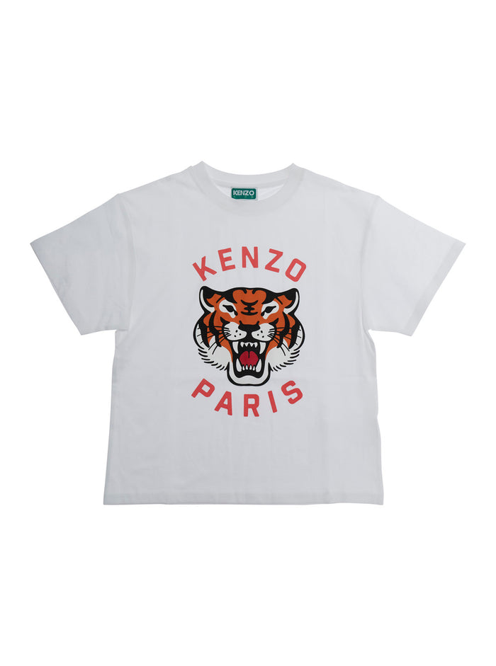 T-Shirt Logo Crew Neck with Front Print in White Cotton for Kids Tshirts And Polo Shirts