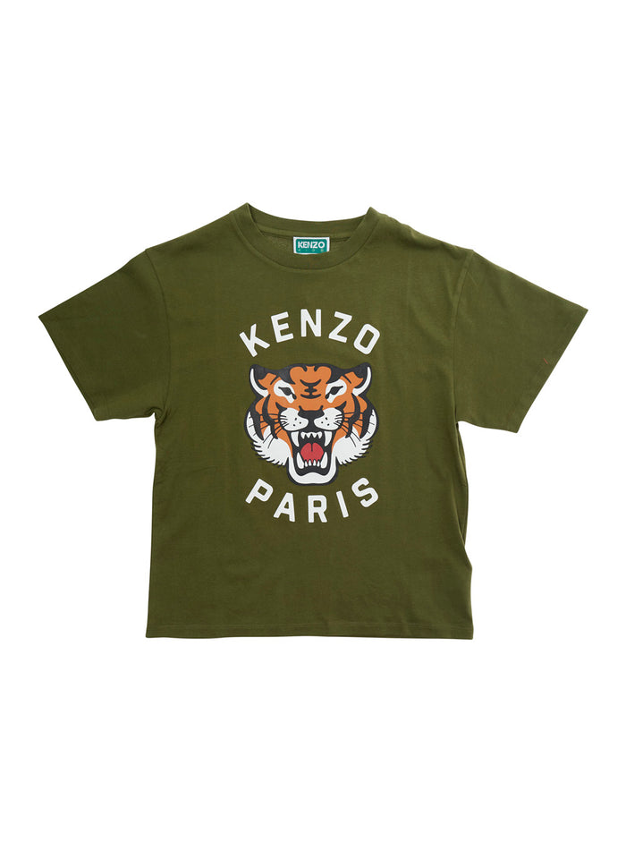 Crew Neck T-Shirt with Logo Print on the Front in Green Cotton for Kids Tshirts And Polo Shirts