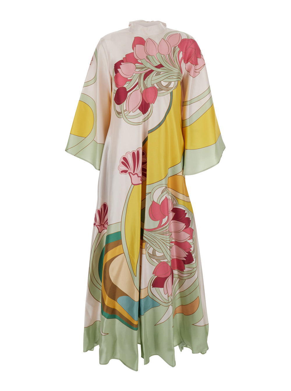 Long Dress With Short Sleeves And Floral Print Multicolor Silk