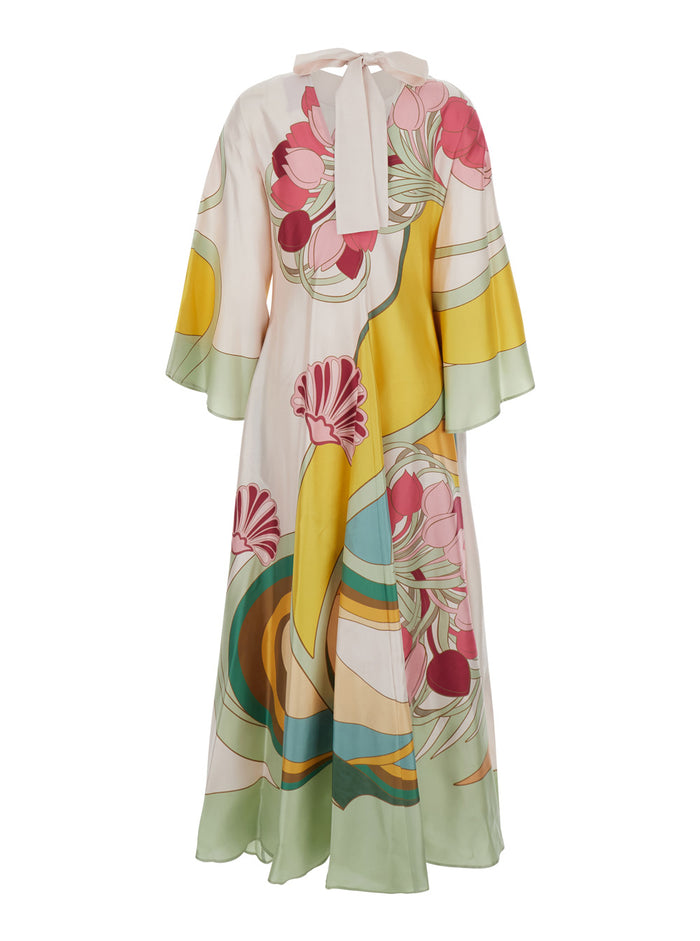 Long Dress With Short Sleeves And Floral Print Multicolor Silk