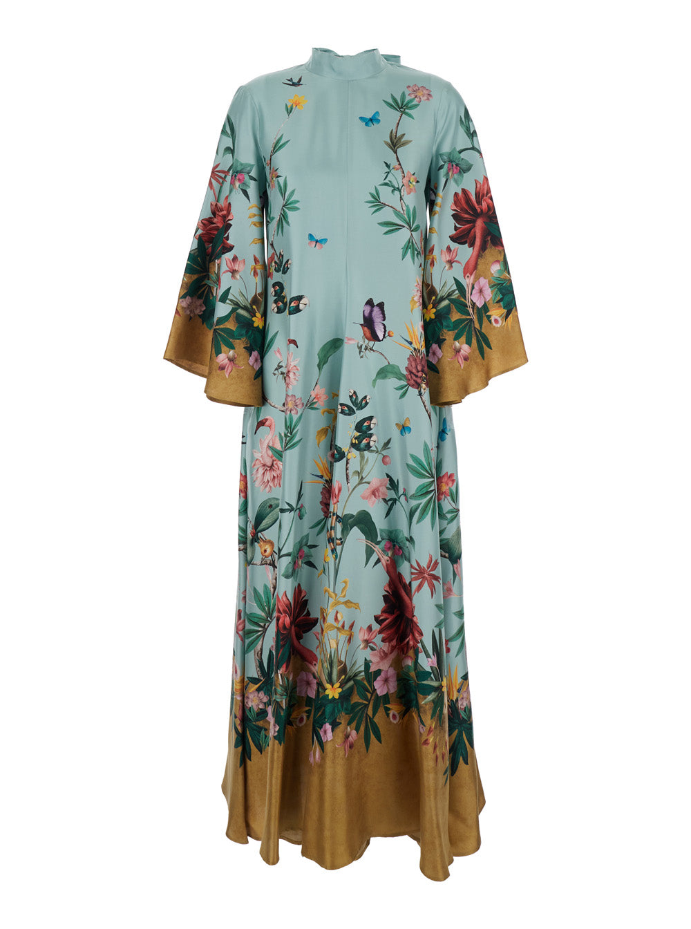 Long Dress DRE0232 with High Neck and Bow Detail on the Back All-Over Floral Motif in Multicolor Silk for Women