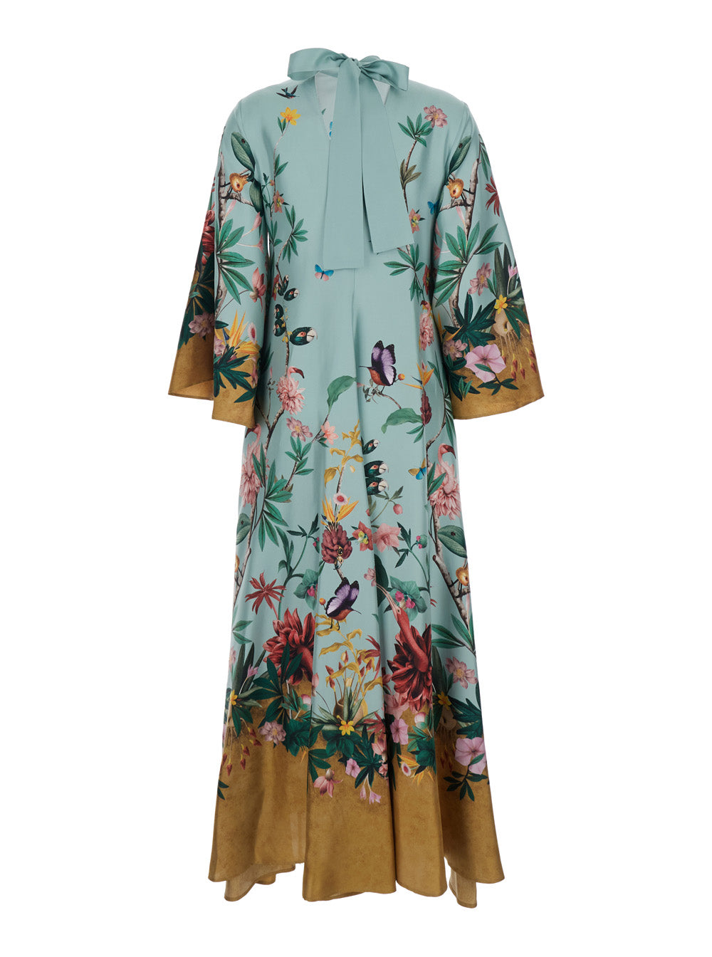 Long Dress DRE0232 with High Neck and Bow Detail on the Back All-Over Floral Motif in Multicolor Silk for Women