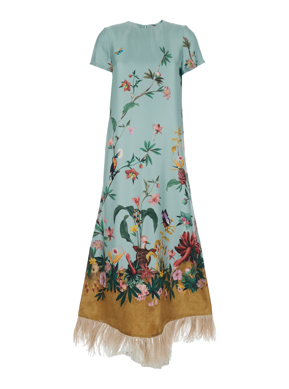 Swing Multicolor Long Dress With Crew Neck, Feather Hem And All-Over Floral Motif Silk Women Ostrich Feathers