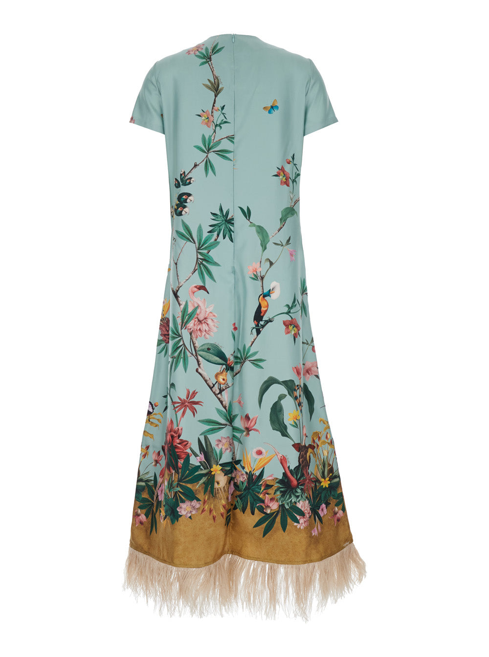 Swing Multicolor Long Dress With Crew Neck, Feather Hem And All-Over Floral Motif Silk Women Ostrich Feathers