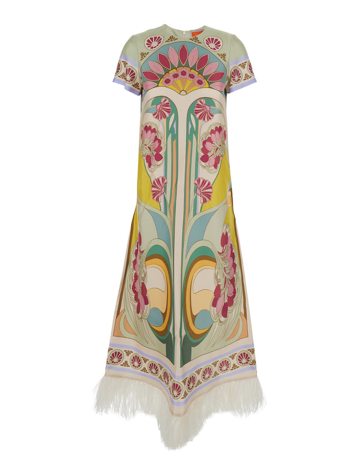 Long Dress Swing (with Feathers) With Multicolored Silk Details For Women Multicolor