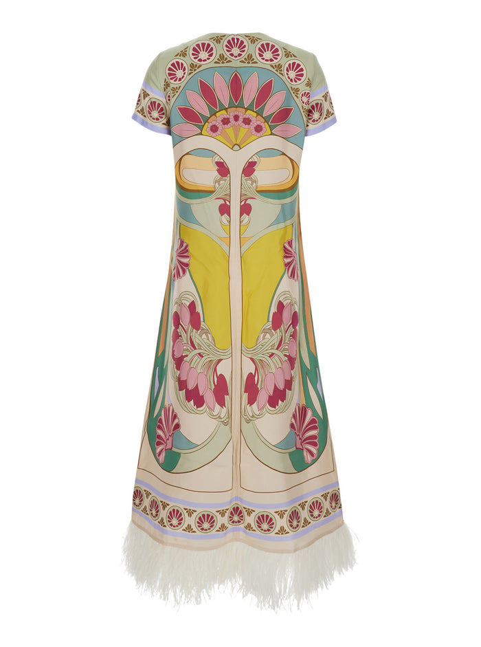 Long Dress Swing (with Feathers) With Multicolored Silk Details For Women Multicolor