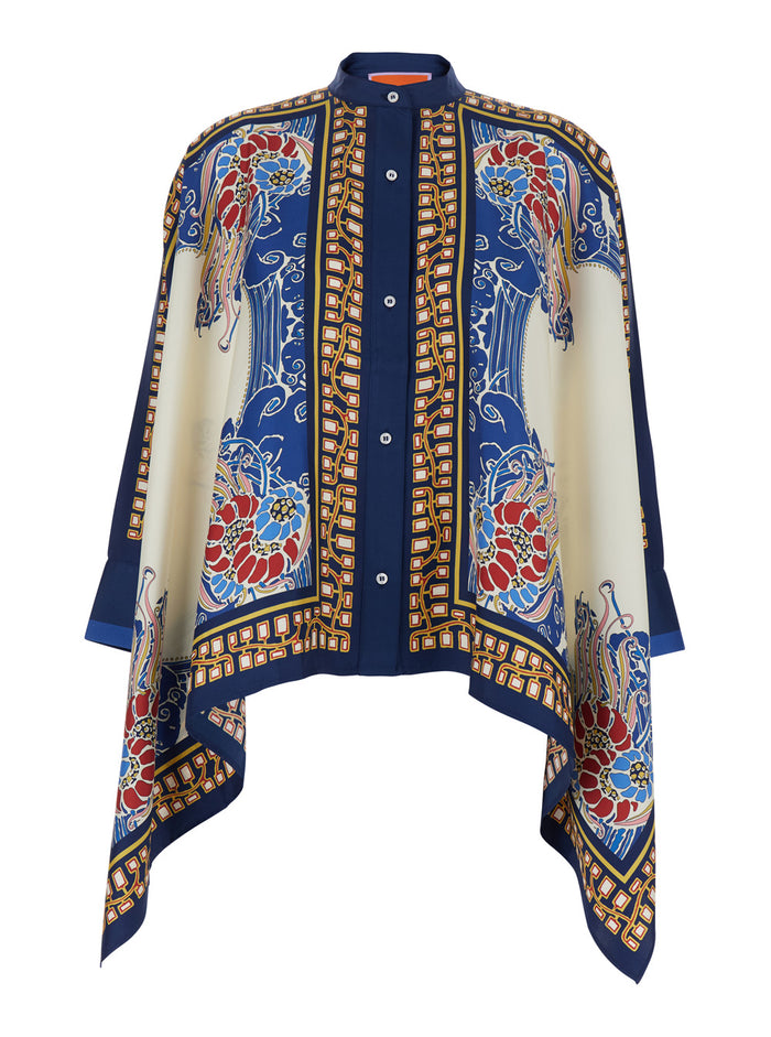 Silk Foulard Shirt with Draping and Multicolor Floral Print for Women Blouses