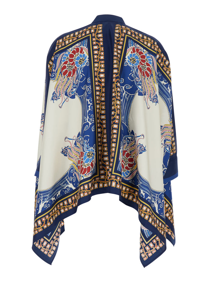 Silk Foulard Shirt with Draping and Multicolor Floral Print for Women Blouses