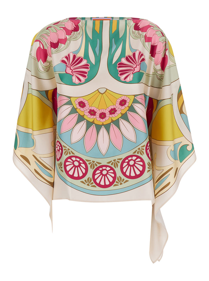 Multicolor Top with Square Neckline and All-Over Print in Silk for Women Tops