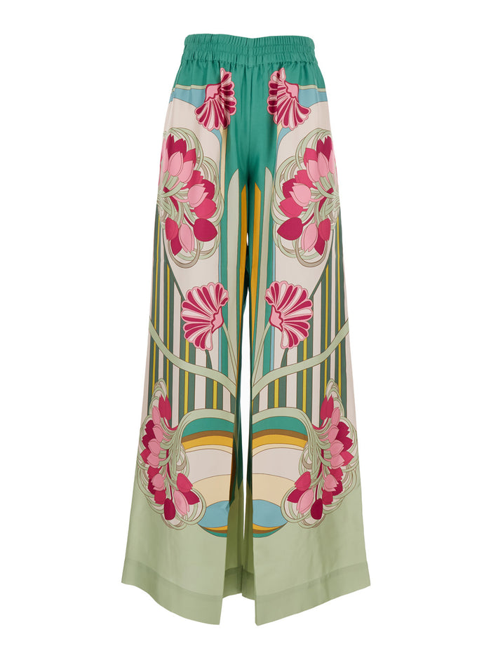 Multicolor Palazzo Pants with Floral Print in Silk for Women Trousers