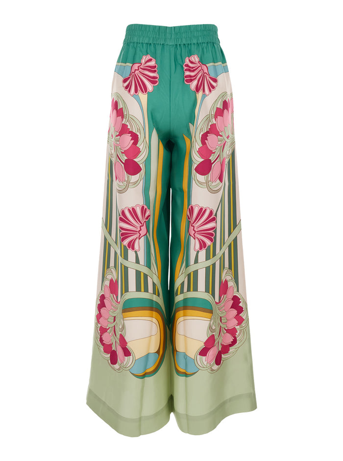 Multicolor Palazzo Pants with Floral Print in Silk for Women Trousers