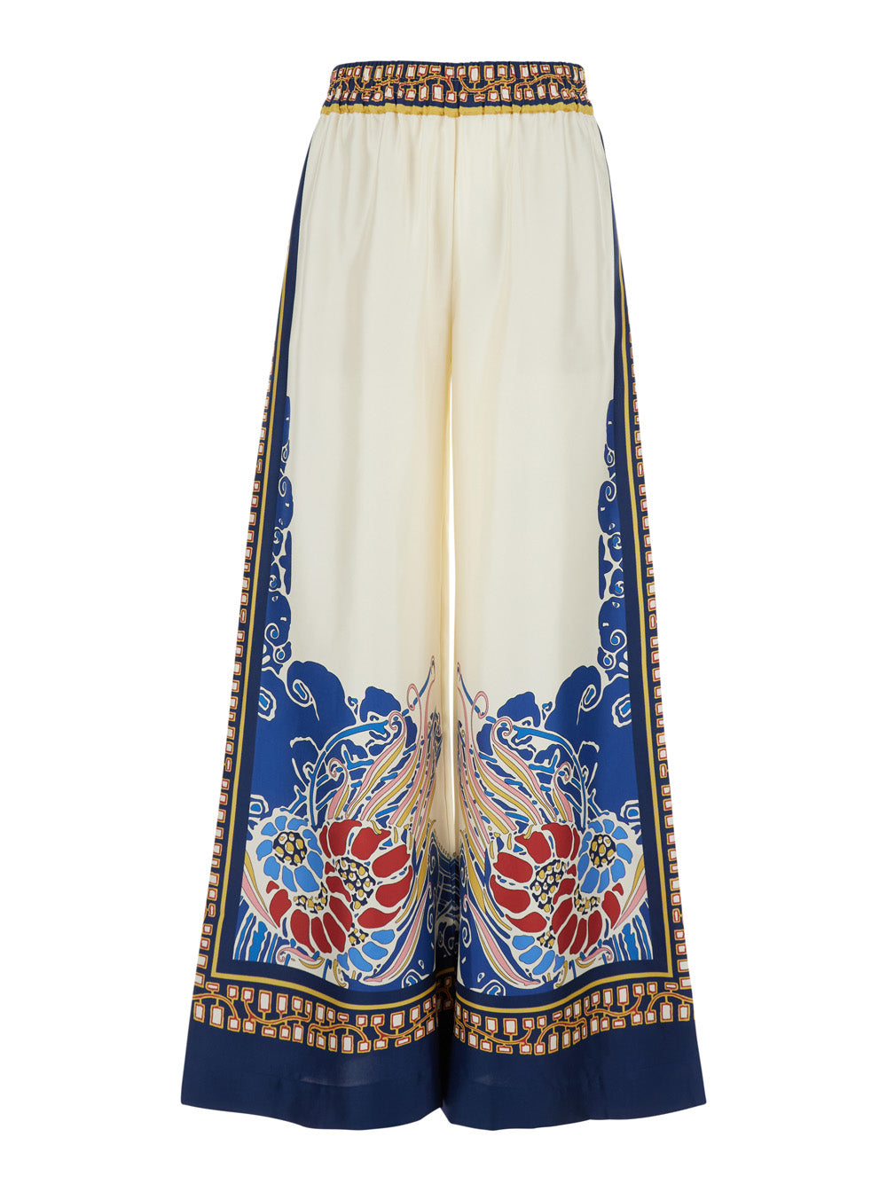 Wide-Leg Palazzo Pants with All-Over Multicolor Silk Print for Women Trousers