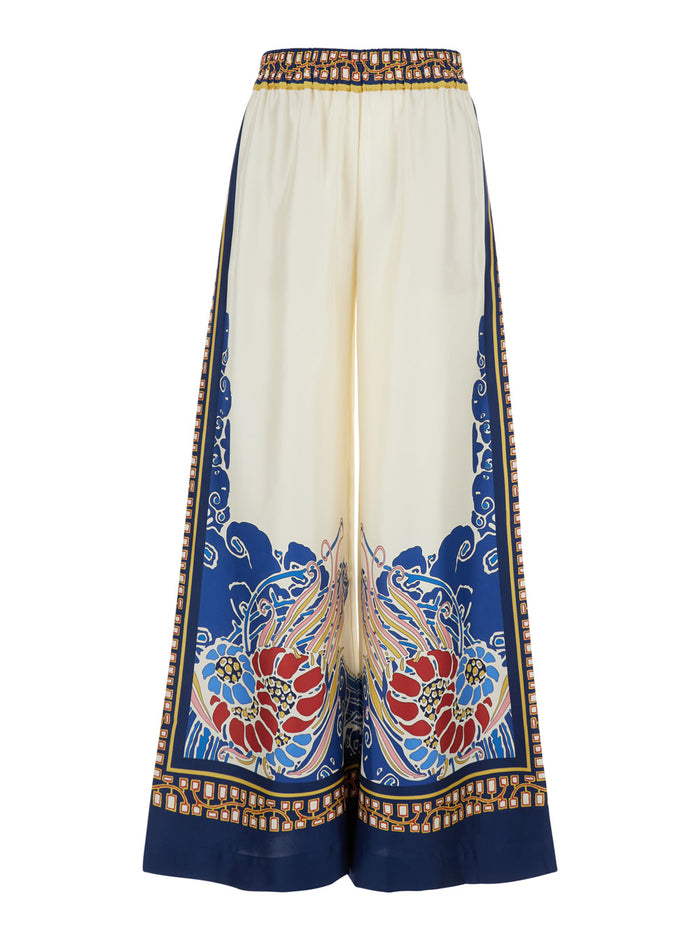 Wide-Leg Palazzo Pants with All-Over Multicolor Silk Print for Women Trousers