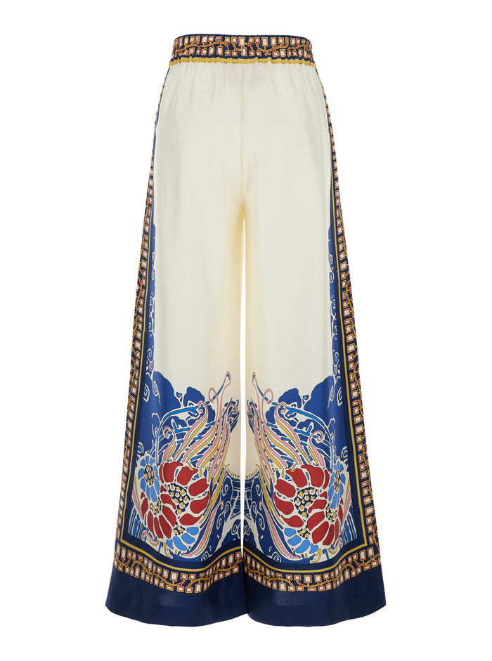 Wide-Leg Palazzo Pants with All-Over Multicolor Silk Print for Women Trousers