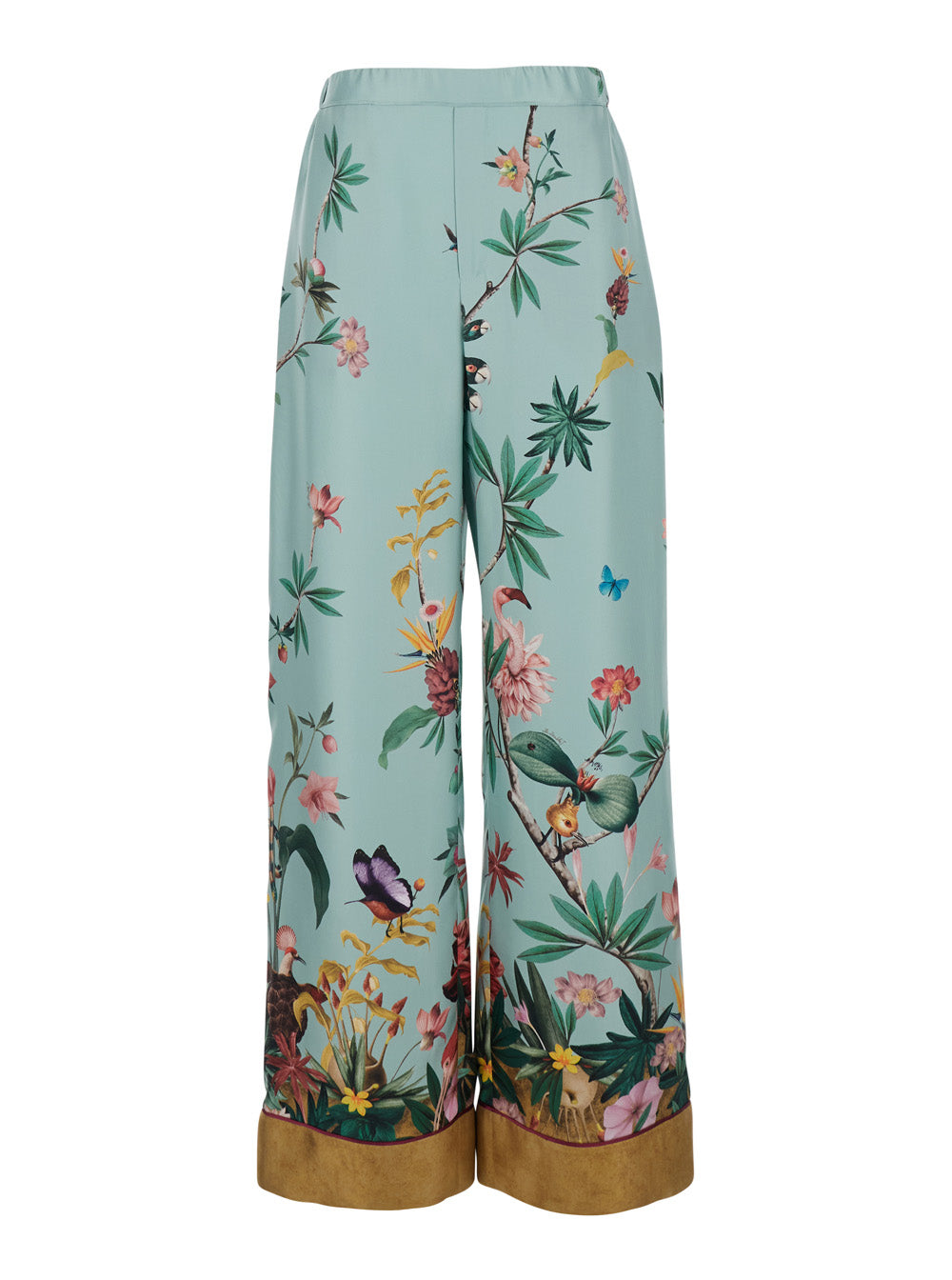 Pants with Elasticated Waist at the Back and All-Over Floral Motif in Multicolor Silk for Women Trousers