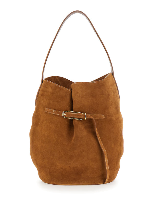 Shoulder Bag Belted Bucket Brown Leather Cow