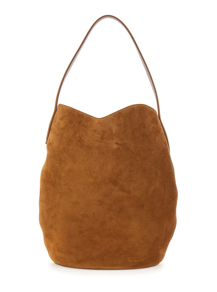 Shoulder Bag Belted Bucket Large Cow Suede in Brown Leather for Women