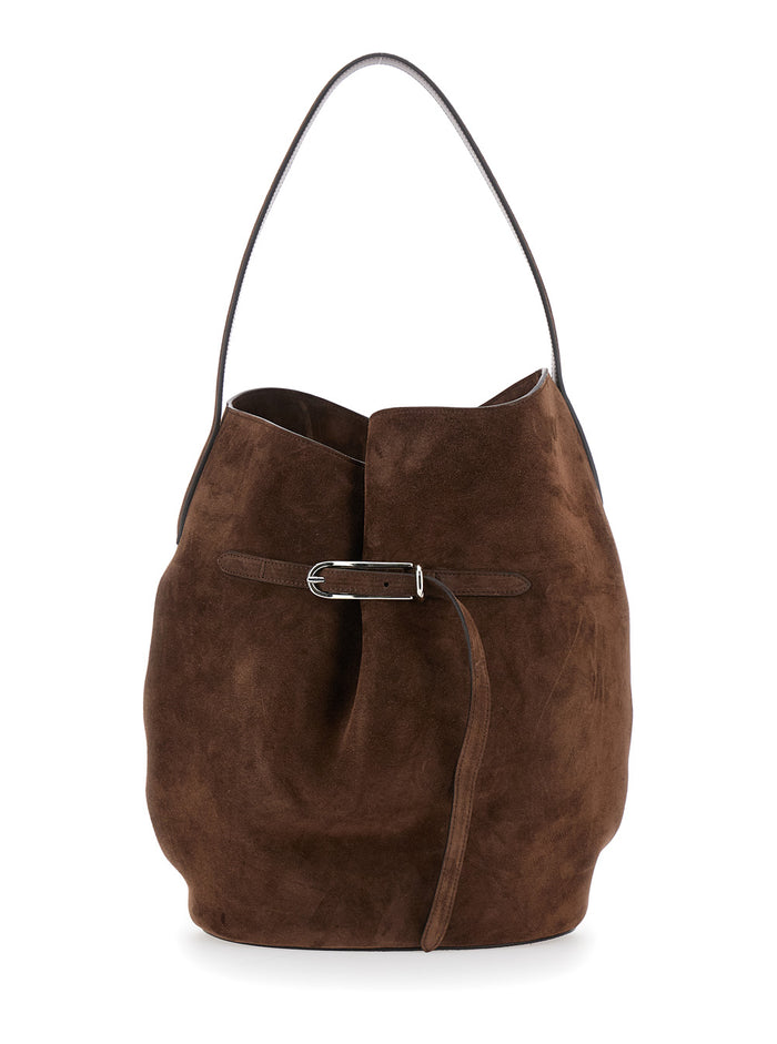 Shoulder Bag Belted Bucket with Buckle on Front in Brown Suede for Women Calf