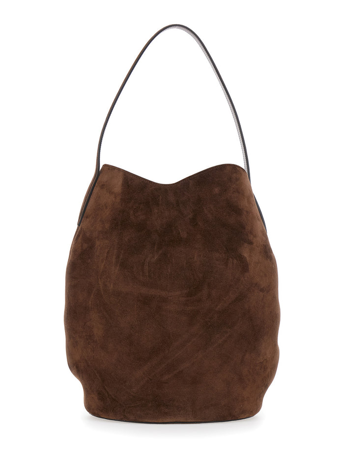 Shoulder Bag Belted Bucket with Buckle on Front in Brown Suede for Women Calf