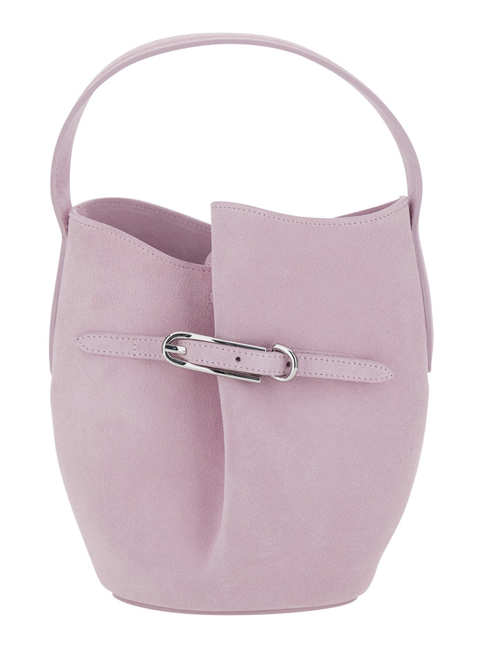 Shoulder Bag Belted Bucket Mini Cow Suede Pink With Buckle Closure And Leather Strap - Made Of Women