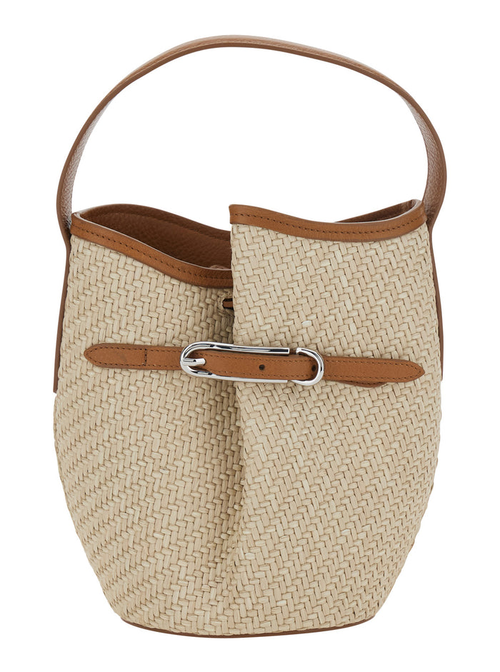 Shoulder Bag Belted Bucket Raffia Beige With Handle And Leather Belt Detail. In Viscose Cotton. Women. Cotton