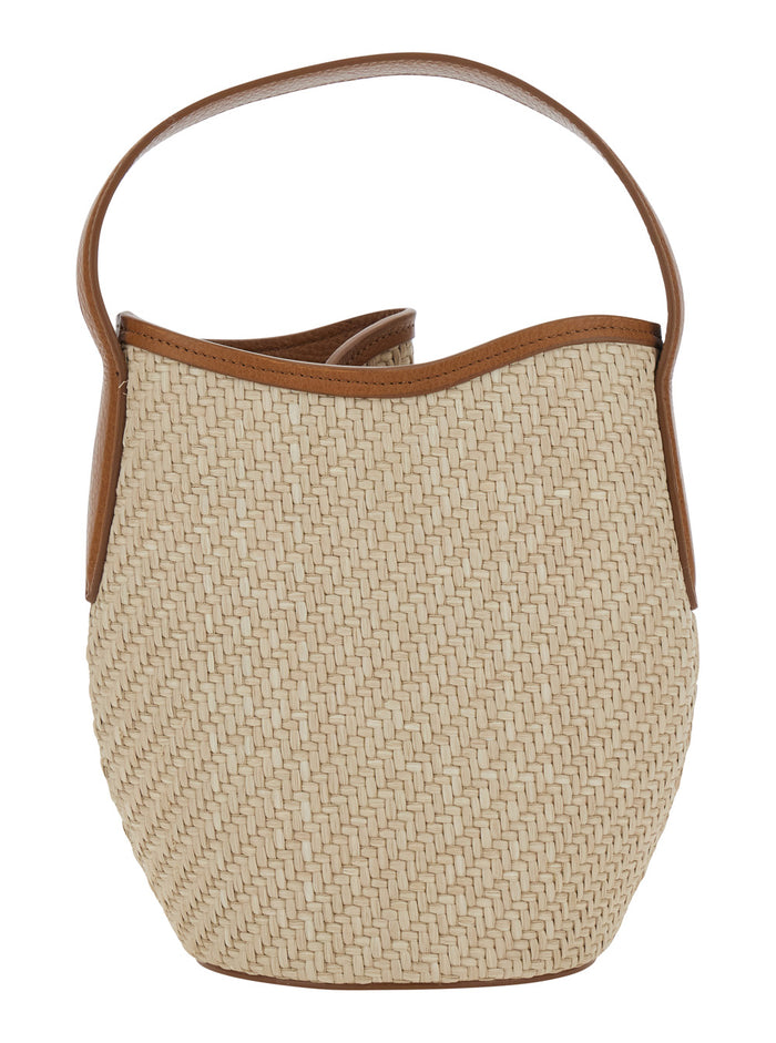 Shoulder Bag Belted Bucket Raffia Beige With Handle And Leather Belt Detail. In Viscose Cotton. Women. Cotton
