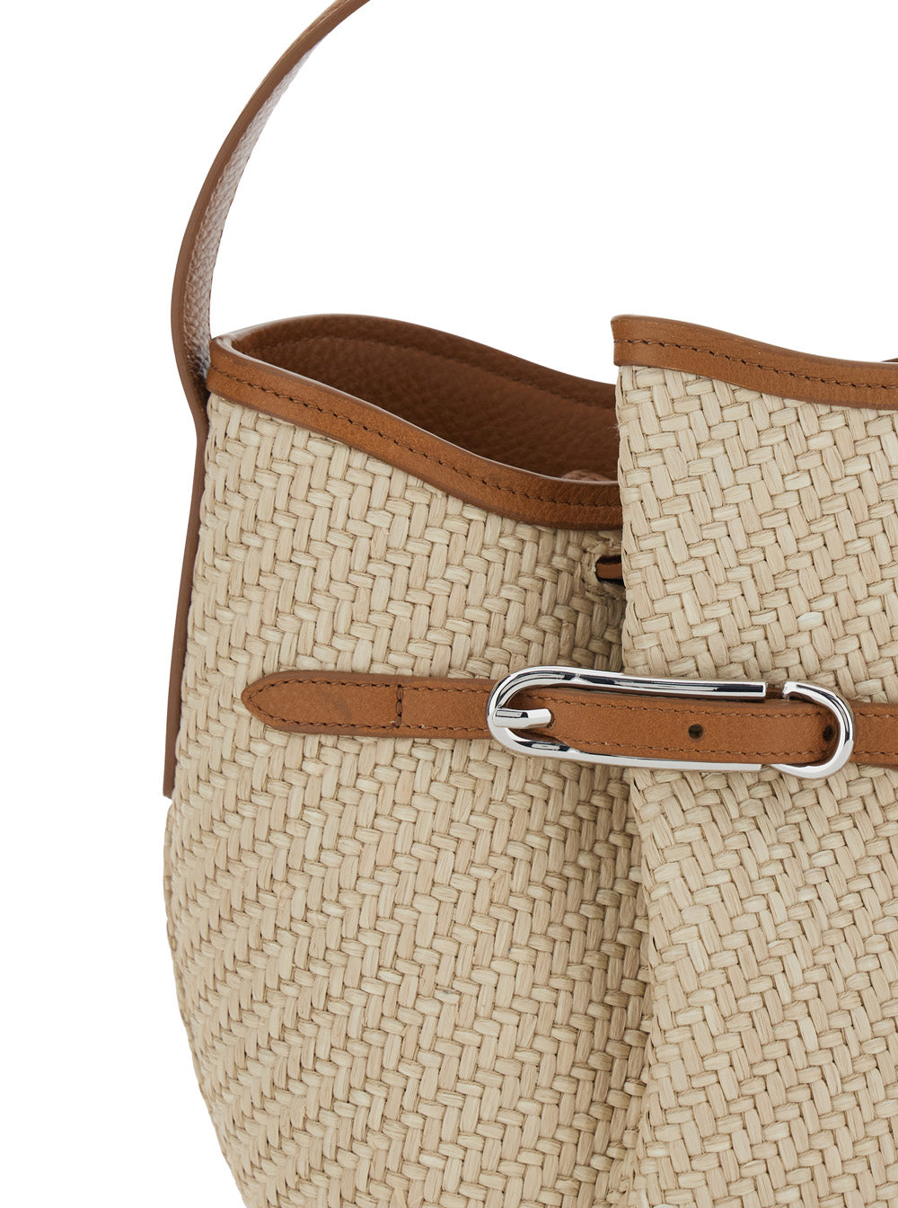 Shoulder Bag Belted Bucket Raffia Beige With Handle And Leather Belt Detail. In Viscose Cotton. Women. Cotton