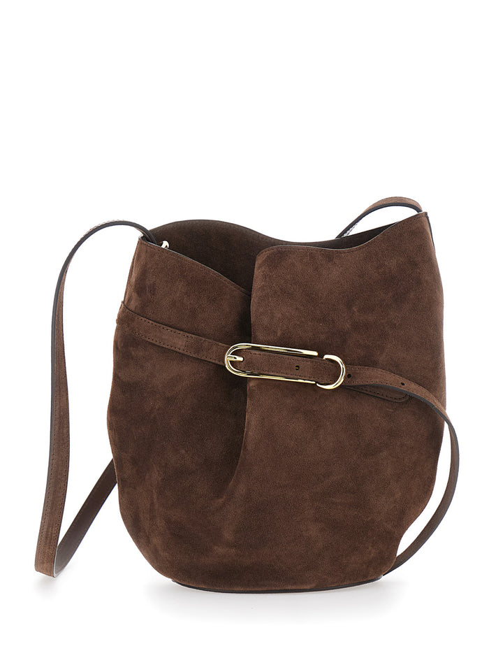 Belted Bucket Shoulder Bag With Buckle On Front Brown Suede For Women Calf Crossbody