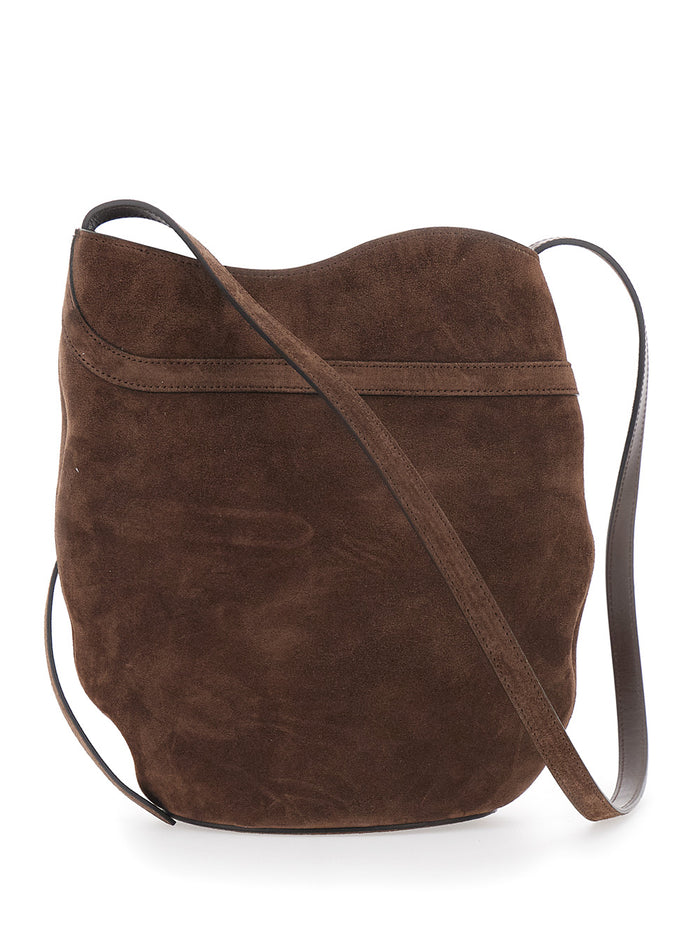 Belted Bucket Shoulder Bag With Buckle On Front Brown Suede For Women Calf Crossbody