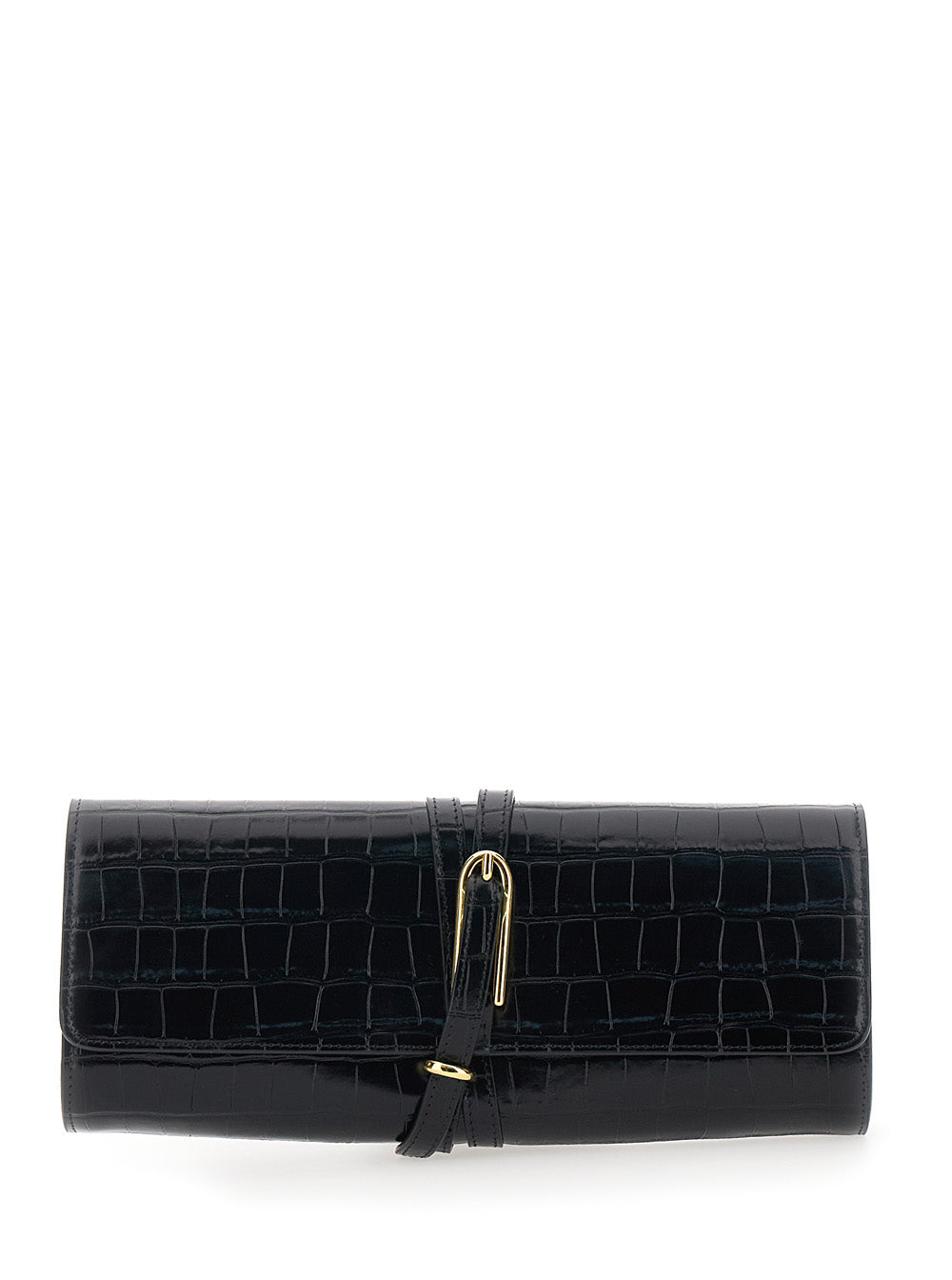 Black Clutch With Belt Closure And Crocodile Effect Leather Women Calf Clutches Pochettes