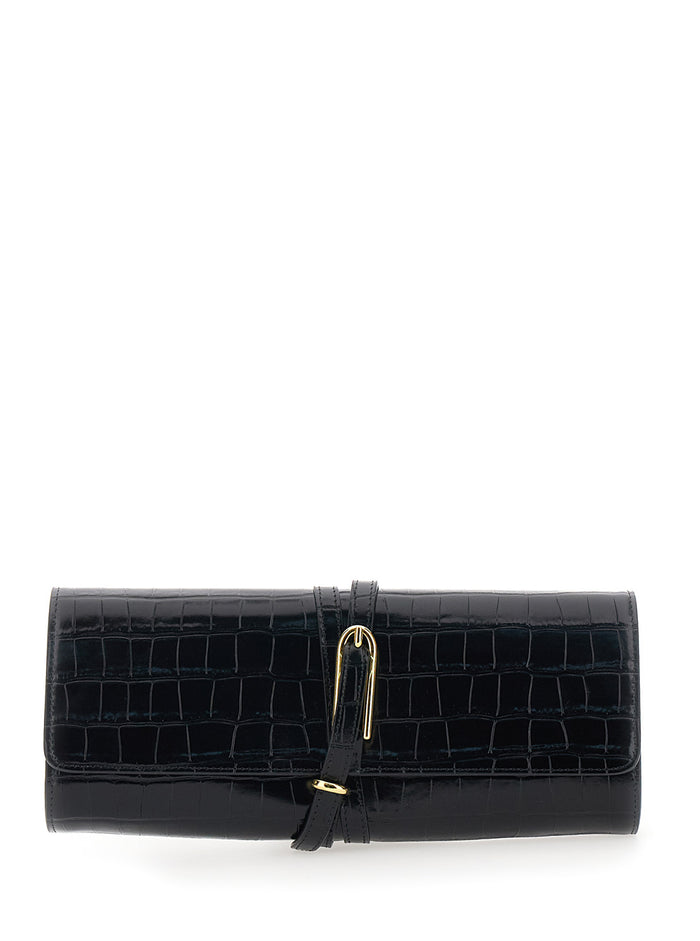 Black Clutch With Belt Closure And Crocodile Effect Leather Women Calf Clutches Pochettes