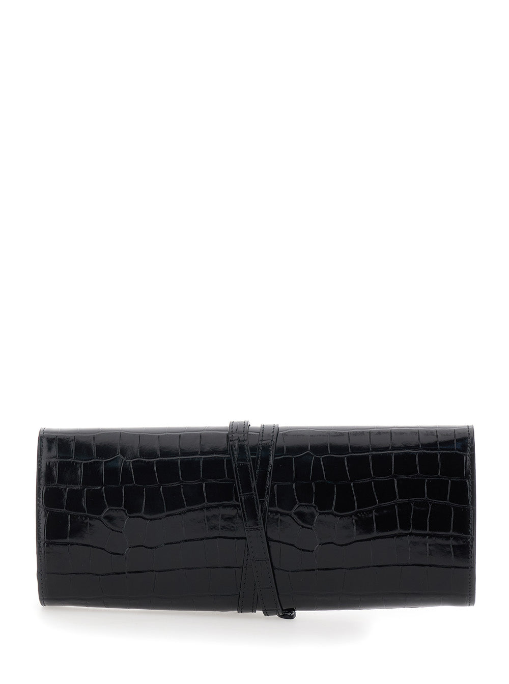 Black Clutch With Belt Closure And Crocodile Effect Leather Women Calf Clutches Pochettes