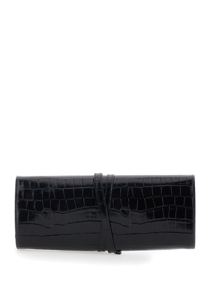 Black Clutch With Belt Closure And Crocodile Effect Leather Women Calf Clutches Pochettes