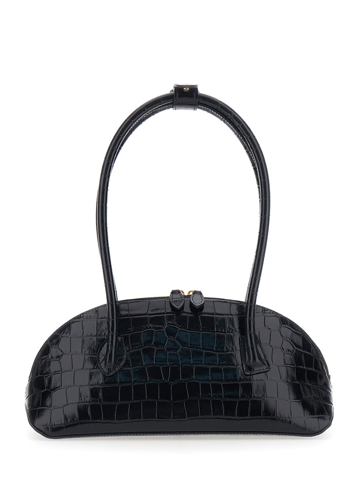 Shoulder Bag Ew Dome with Round Top Handles and Crocodile-Effect in Black Leather for Women Calf