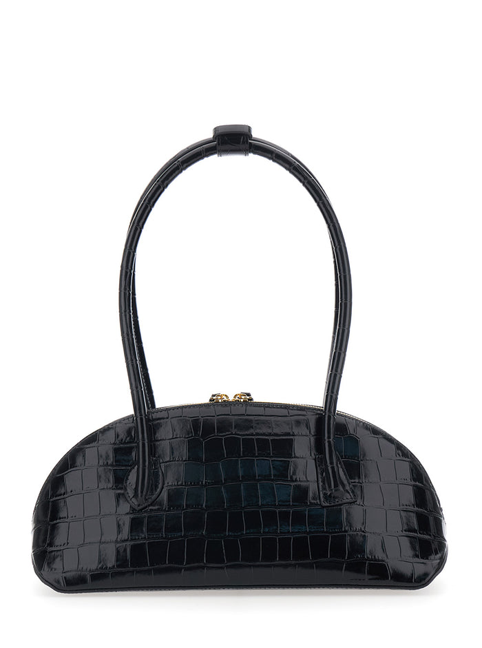 Shoulder Bag Ew Dome with Round Top Handles and Crocodile-Effect in Black Leather for Women Calf