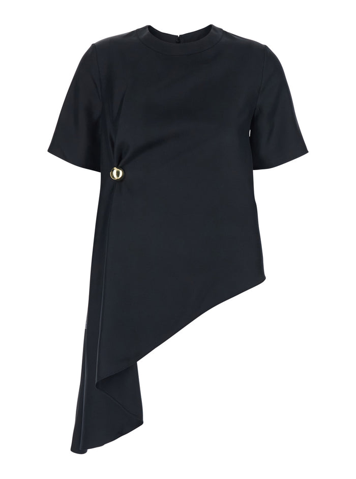 Top Madea Crew Neck with Draping and Asymmetric Design in Black Silk for Women Tops