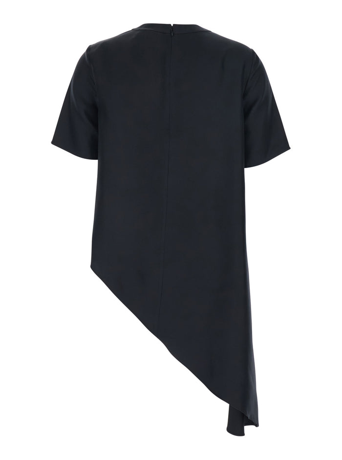 Top Madea Crew Neck with Draping and Asymmetric Design in Black Silk for Women Tops
