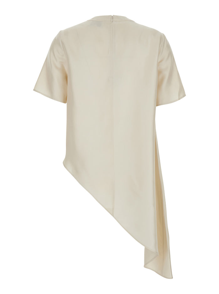 Top Madea Crew Neck with Draping and Asymmetric Design in White Silk for Women Tops