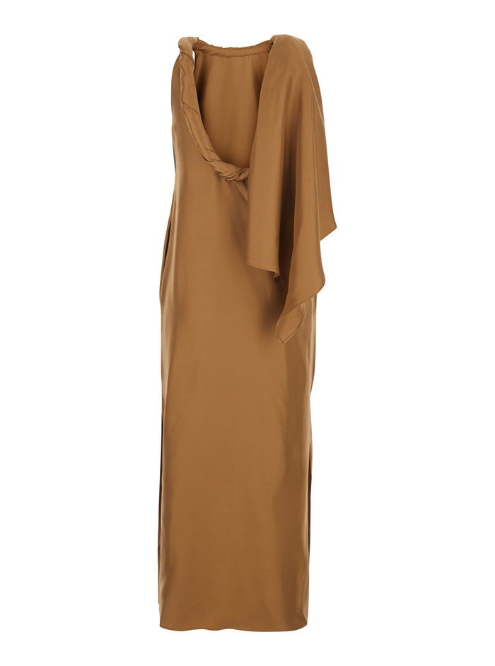 Long Dress Susan With Twisted Neck Brown Silk For Women